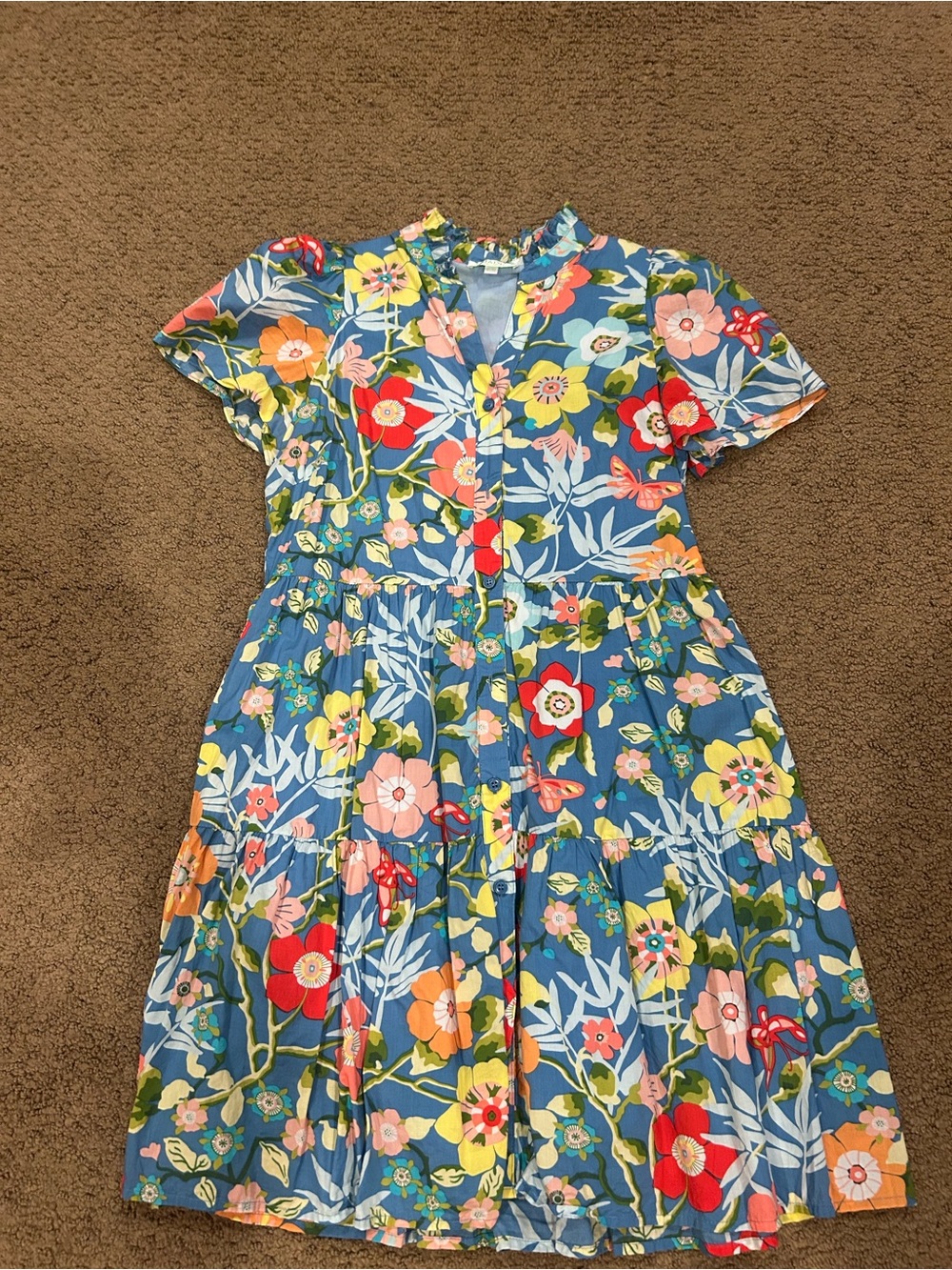 Jade Blue Floral Tiered Button-Front Dress